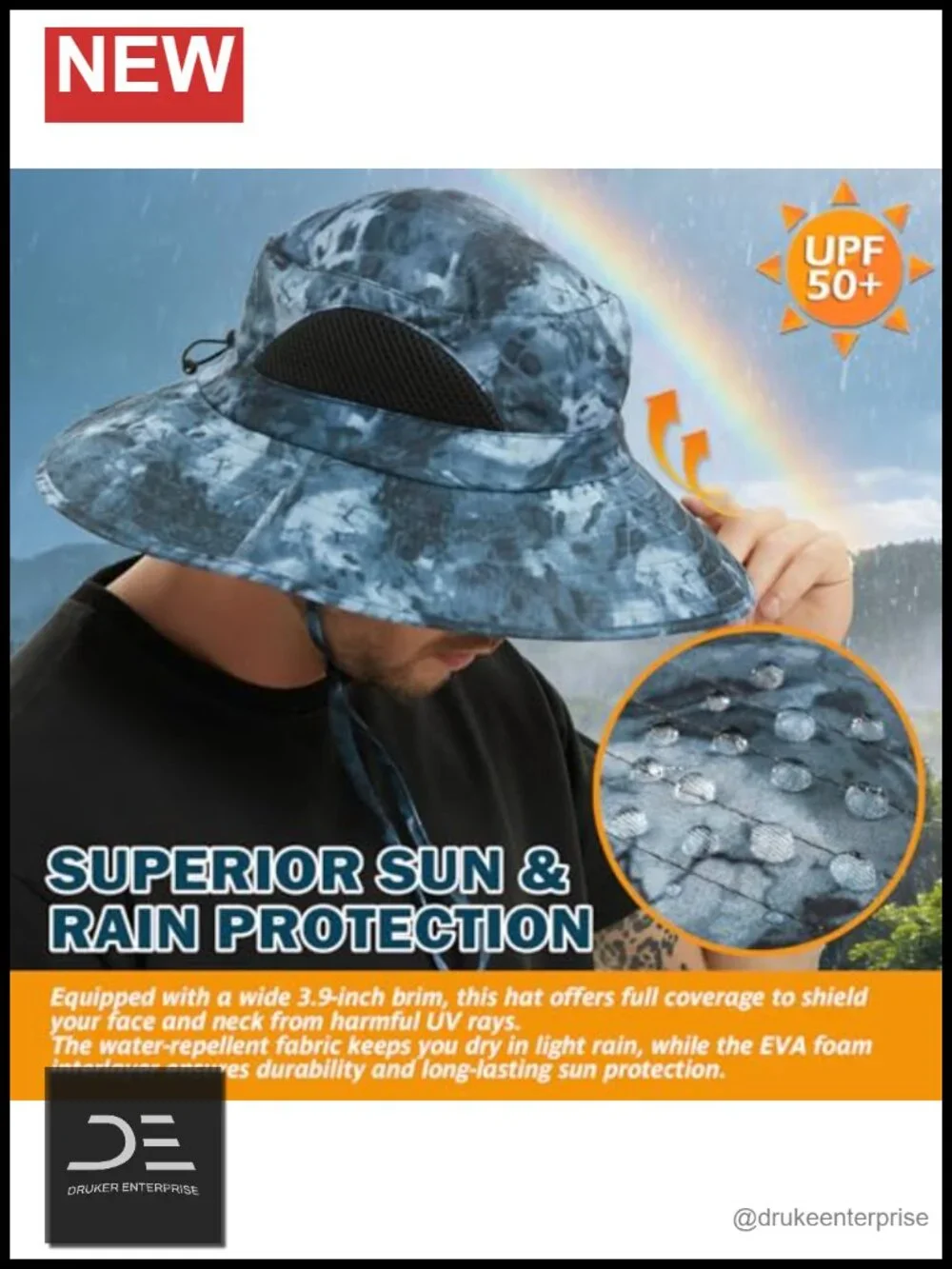 Wide Brim Sun Bucket Hat, UPF 50+ UV Protection, Adjustable Chin Strap,